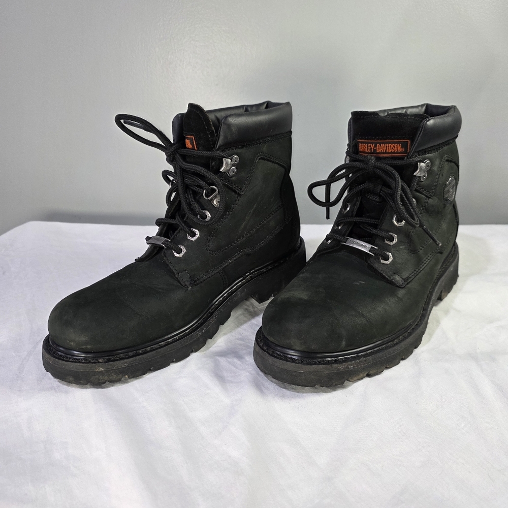 Harley-Davidson Black Matte Leather Lace Up Combat Moto Biker Boots Chunky Lug.8